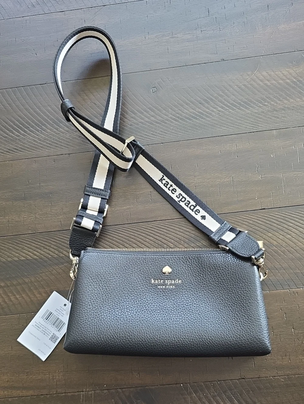NWT Kate Spade Emma Mini Black Pebbled Leather Crossbody with Striped Logo Strap